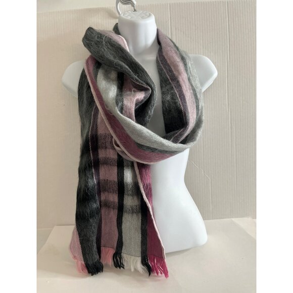Shupacka Alpaca Blend Scarf Pink Gray Stripe Fuzzy Soft Warm Frayed Edges - Picture 1 of 7
